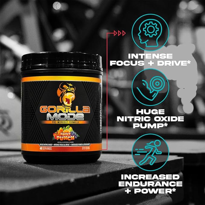 Gorilla Mode Pre Workout - Massive Pumps · Laser Focus · Energy · Power - L-Citrulline, Creatine, L-Tyrosine, Betaine, Hydroprime®, Alpha-GPC, 400mg Caffeine, Huperzine A - 776g (Rainbow Sherbet)