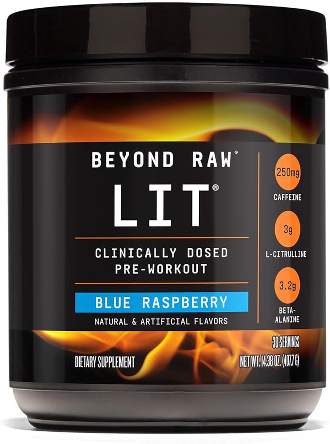 BEYOND RAW LIT PreWorkout Powder Supplement for Men and Women, Energy, Focus, Endurance, Pumps, Nitric Oxide Boost, 250mg Caffeine, Creatine, Beta Alanine, Blue Raspberry 30 Servings