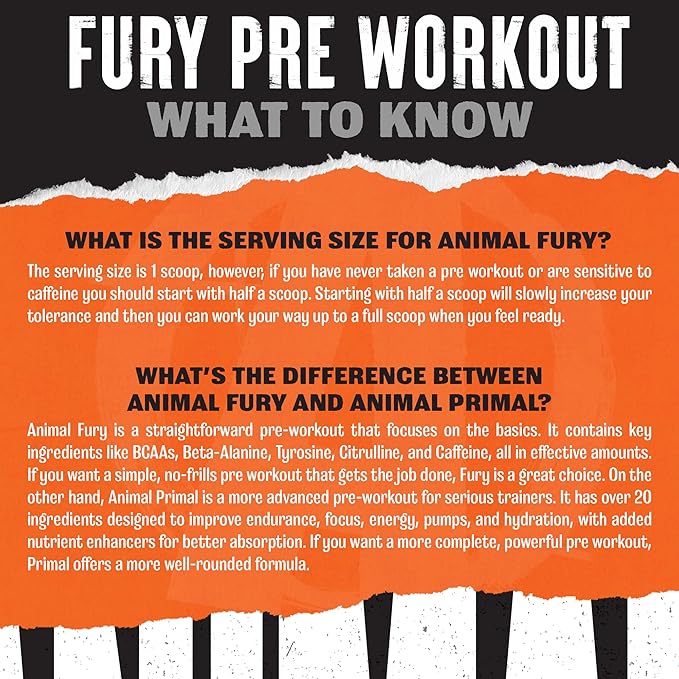 Animal Fury - Pre Workout Powder Supplement for Energy and Focus - 5g BCAA, 350mg Caffeine, Nitric Oxide, Without Creatine - Powerful Stimulant for Bodybuilders - Ice Pop