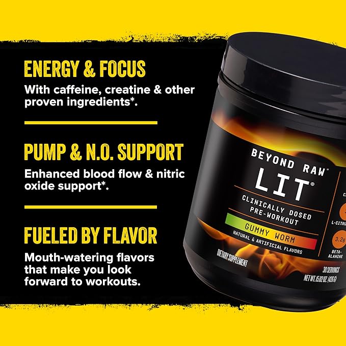 BEYOND RAW LIT PreWorkout Powder Supplement for Men and Women, Energy, Focus, Endurance, Pumps, Nitric Oxide Boost, 250mg Caffeine, Creatine, Beta Alanine, Blue Raspberry 30 Servings