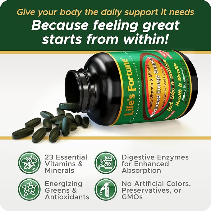 Life's Fortune Multivitamin & Mineral 60 Tablets, All Natural Energy Source Supplying Whole Food Concentrates, Antioxidants, Amino Acids, Enzymes, Trace Minerals & More