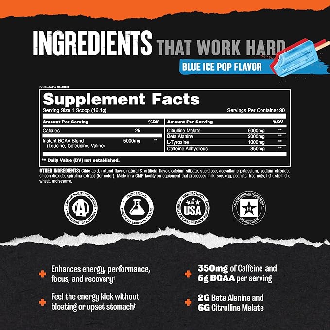 Animal Fury - Pre Workout Powder Supplement for Energy and Focus - 5g BCAA, 350mg Caffeine, Nitric Oxide, Without Creatine - Powerful Stimulant for Bodybuilders - Ice Pop