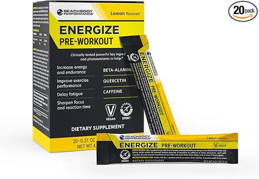 BODi Energize Pre Workout Powder - Beta-Alanine, Quercetin & Low-Dose Caffeine Formula for Enhanced Energy & Focus, Increase Energy & Endurance Supplement, Lemon Flavored, 20 Sticks