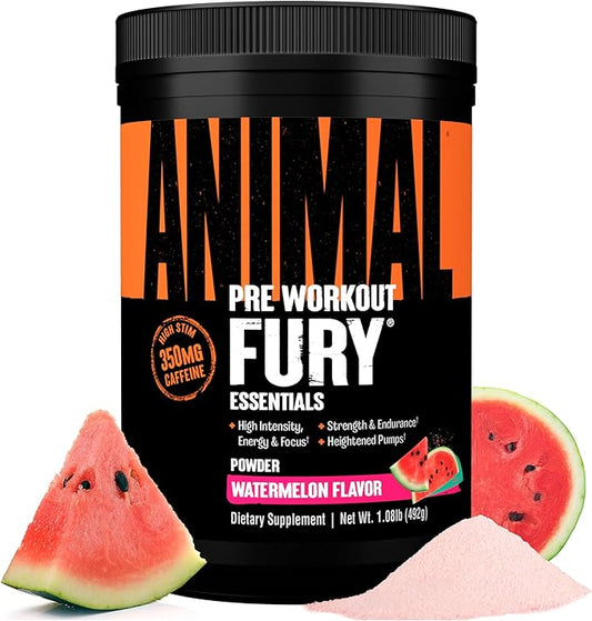 Animal Fury Pre Workout Powder Supplement for Energy and Focus 5g BCAA 350mg Caffeine Nitric Oxide Without Creatine Powerful Stimulant for Bodybuilders, Watermelon