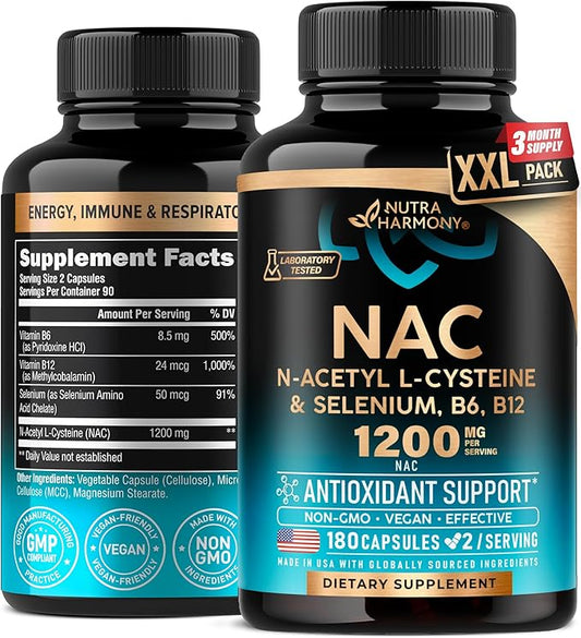NAC Supplement | Selenium | B6 | B12 - Antioxidant, Immune Support - N Acetyl Cysteine 600 mg per Capsule, 1200 mg per Serving - Made in USA - Non-GMO, Gluten-Free, Vegan - 180 Caps, 3 Month Supply