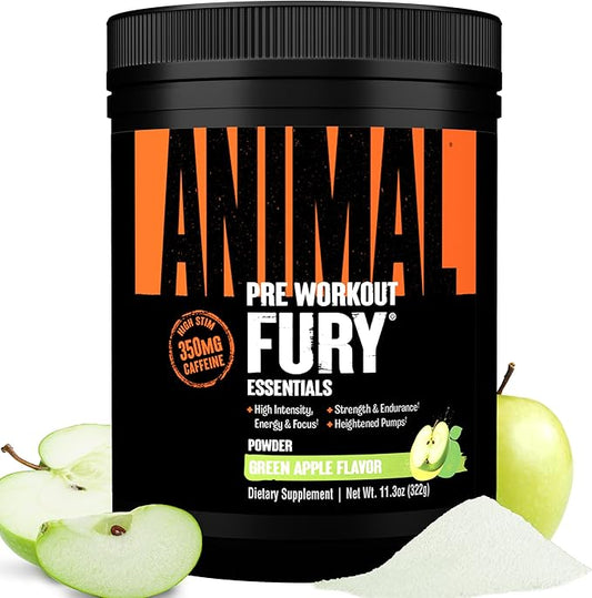 Animal Fury Pre Workout Powder Supplement – Energize Your Workout with More Focus, Energy, Endurance and Pumps, Green Apple - 20 Servings