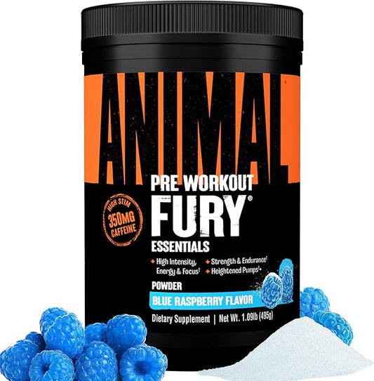 Animal Fury - Pre Workout Powder Supplement for Energy and Focus - 5g BCAA, 350mg Caffeine Nitric Oxide Without Creatine - Powerful Stimulant for Bodybuilders - Blue Raspberry